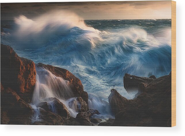Sea Wood Print featuring the photograph Blue Wave At Sunset by Paolo Lazzarotti