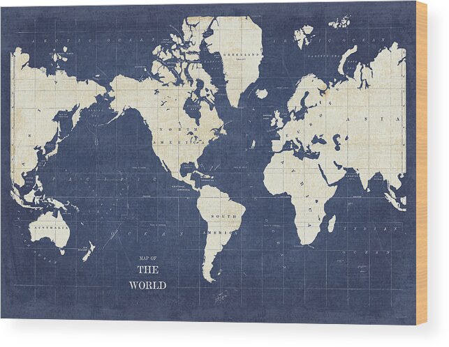Blue Wood Print featuring the painting Blueprint World Map - No Border by Sue Schlabach