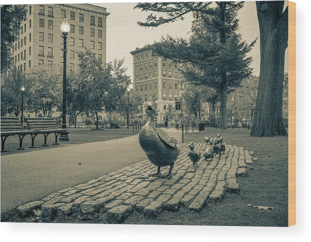 America Wood Print featuring the photograph Boston Public Garden and Make Way For Ducklings Statues in Sepia by Gregory Ballos