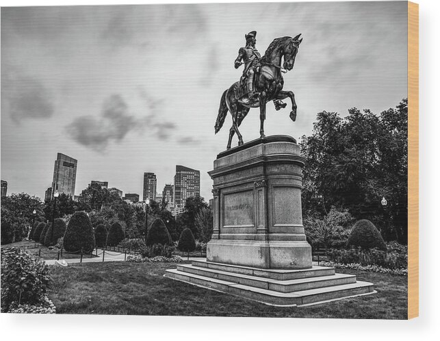 Boston Skyline Wood Print featuring the photograph Boston Skyline and George Washington Statue - Black and White by Gregory Ballos