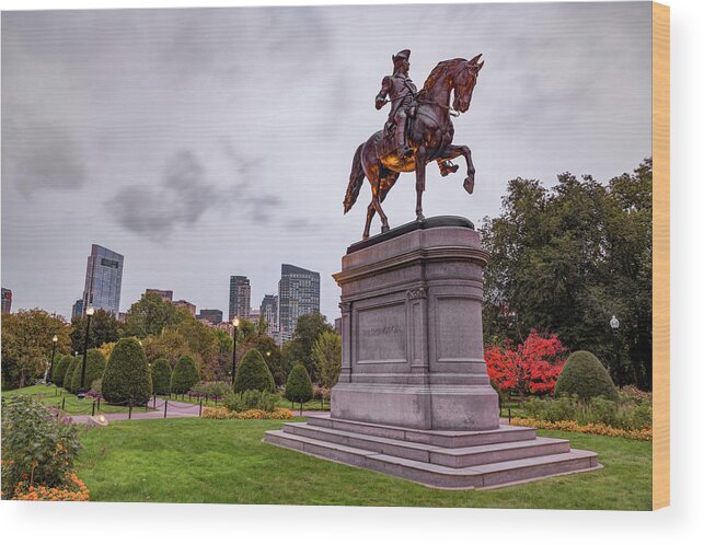 Boston Skyline Wood Print featuring the photograph Boston Skyline and George Washington Statue in Autumn by Gregory Ballos