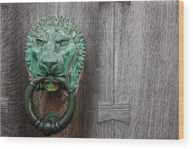 England Wood Print featuring the photograph Brass Lion Door Knocker On A Wooden Door by John Short / Design Pics