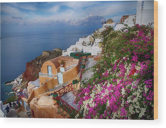 Greek Wood Print featuring the photograph Bright colored flowers spill over the walls by Steve Estvanik