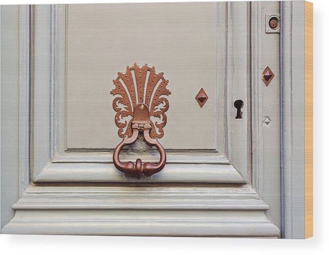 Bronze Paris Door Knocker Wood Print featuring the photograph Bronze Seashell Paris Door Knocker by Melanie Alexandra Price