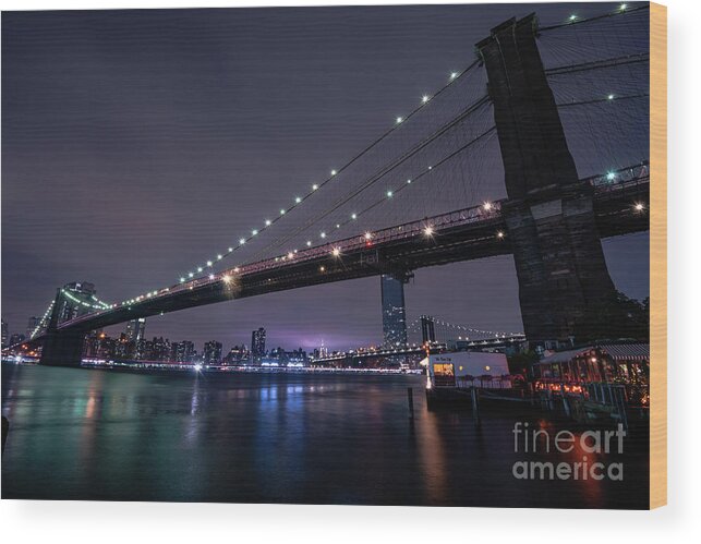 Architecture Wood Print featuring the photograph Brooklyn Bridge at Night by Stef Ko