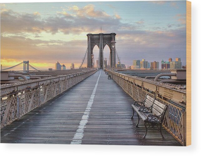 Tranquility Wood Print featuring the photograph Brooklyn Bridge At Sunrise by Anne Strickland Fine Art Photography