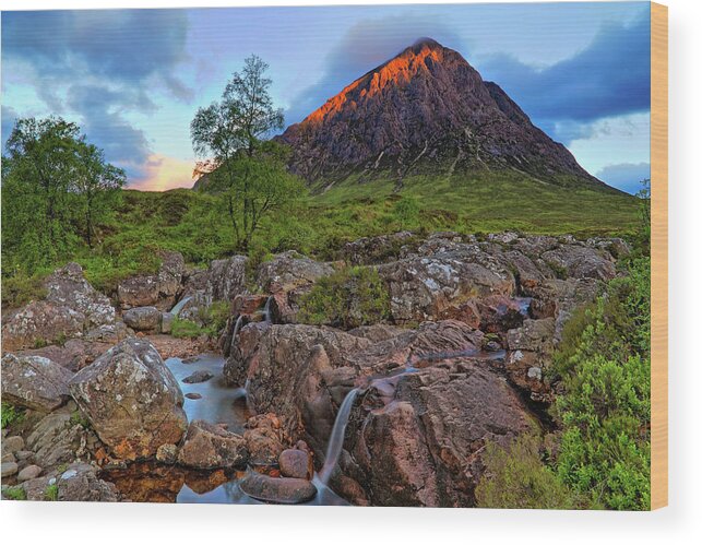 Buachaille Etive Mor Wood Print featuring the photograph Buachaille Etive Mor with Etive Mor Falls - Scotland - Sunrise Landscape by Jason Politte