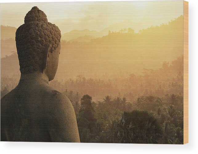 Close-up Wood Print featuring the digital art Buddha And Forest, The Buddhist Temple Of Borobudur, Java, Indonesia by Lost Horizon Images