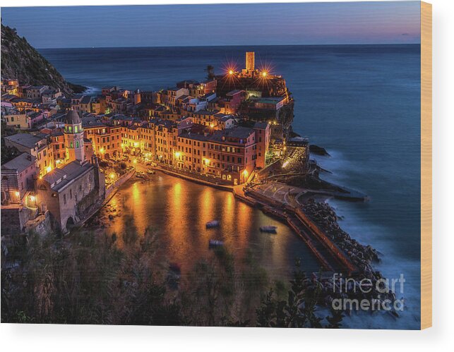 Vernazza Wood Print featuring the photograph Buildings By A Coastline At Night In by Jaka Jevsnik