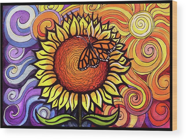 Swirly Wood Print featuring the painting Butterfly Sunflower by David Sockrider