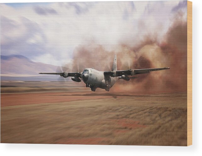 C-130 Hercules Wood Print featuring the digital art C130 Dirt Strip Landing by Airpower Art
