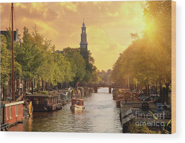 Scenics Wood Print featuring the photograph Canal In Amsterdam With The Church by Sylvain Sonnet
