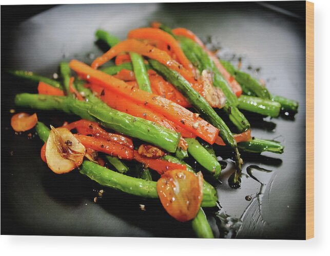 Garlic Wood Print featuring the photograph Carrot And Green Beans Stir Fry by Iris Filson