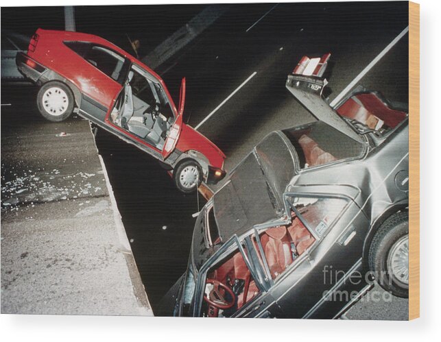 1980-1989 Wood Print featuring the photograph Cars And Damaged Bridge After Earthquake by Bettmann