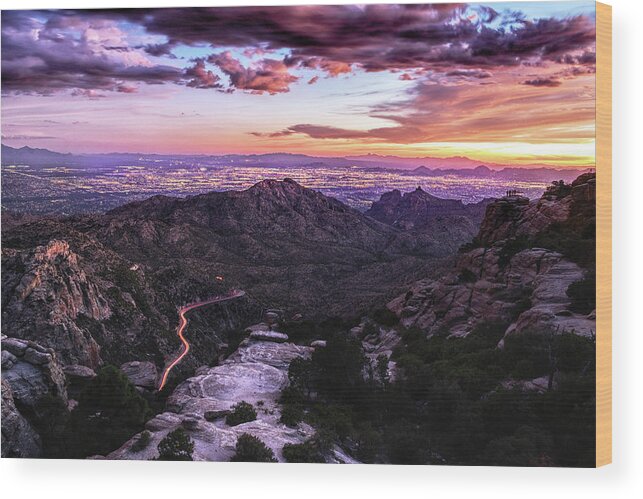 Tucson Wood Print featuring the photograph Catalina Highway Sunset and Tucson City Lights by Chance Kafka
