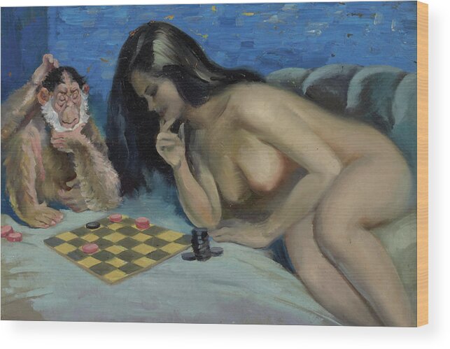 Pinup Wood Print featuring the painting Checkers with a Monkey by Peter Driben