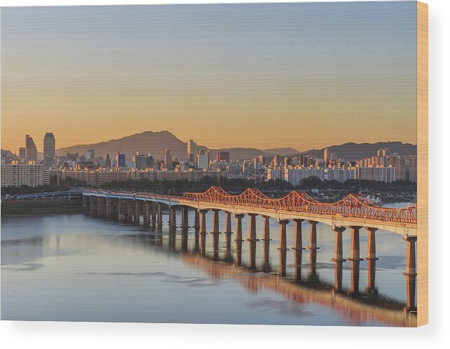 Tranquility Wood Print featuring the photograph Cityscape With Warm Morning Light by Sungjin Kim