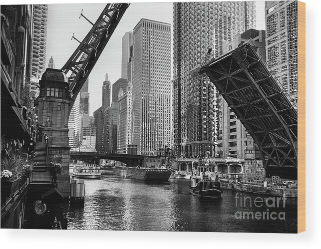 Drawbridge Wood Print featuring the photograph Clark Street Bridge Raised Over Chicago by Stevegeer