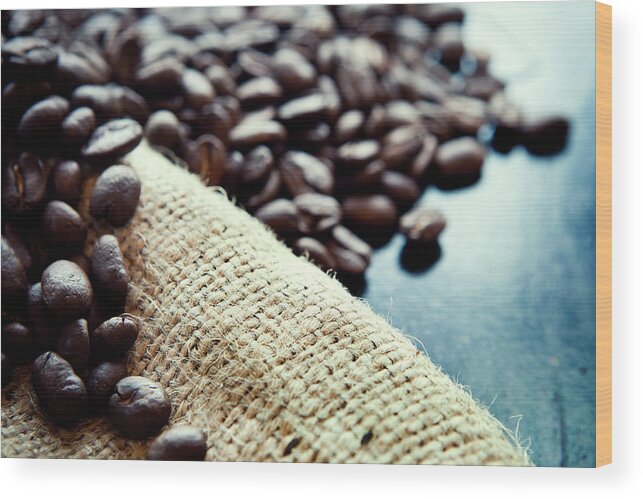 Agricultural Activity Wood Print featuring the photograph Coffee Crop On Rustic Burlap by Ryanjlane