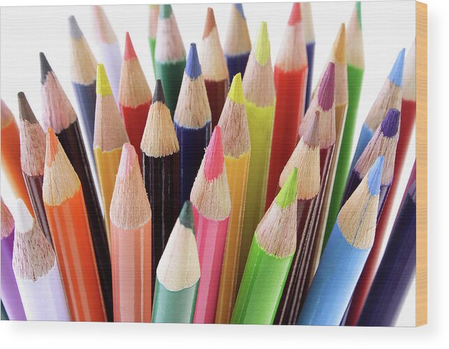 White Background Wood Print featuring the photograph Collection Of Colouring Pencils by Visage