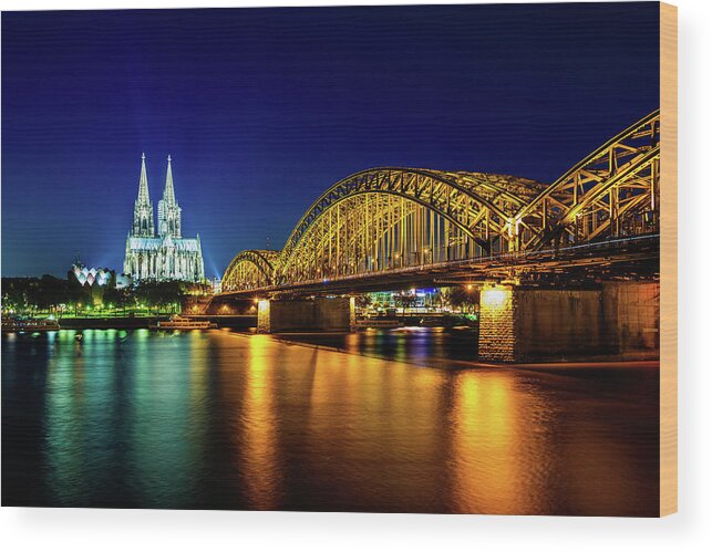 Panoramic Wood Print featuring the photograph Cologne City Panorama By Night by Mbbirdy