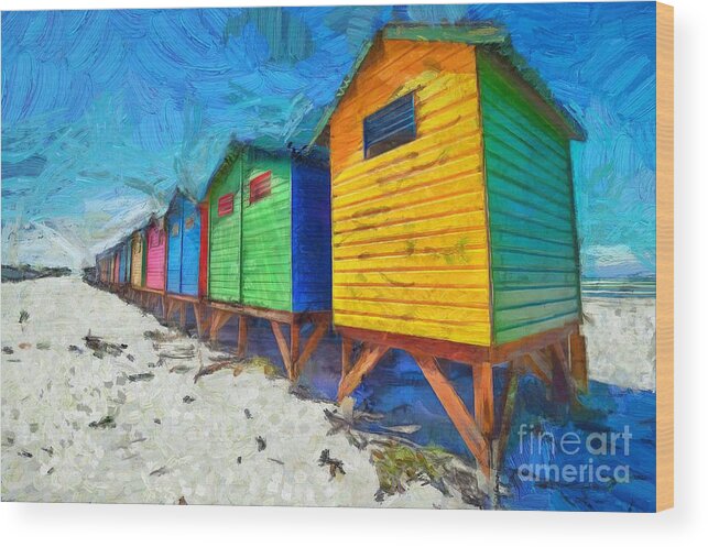 Muizenberg Wood Print featuring the digital art Colorful Beach Huts by Eva Lechner
