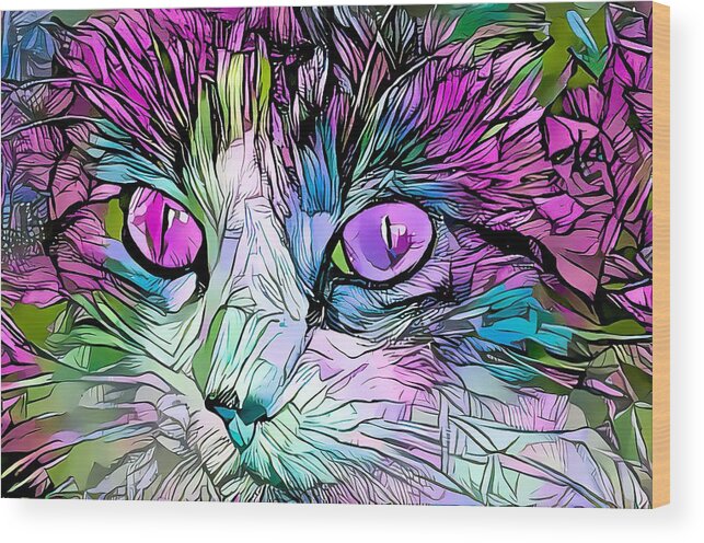 Coloring Book Wood Print featuring the digital art Coloring Book Kitty Purple Eyes by Don Northup