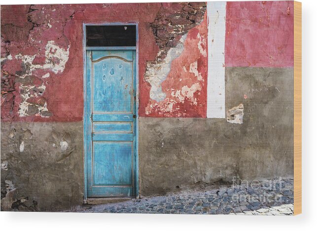 Wall Wood Print featuring the photograph Colorful wall with blue door by Lyl Dil Creations