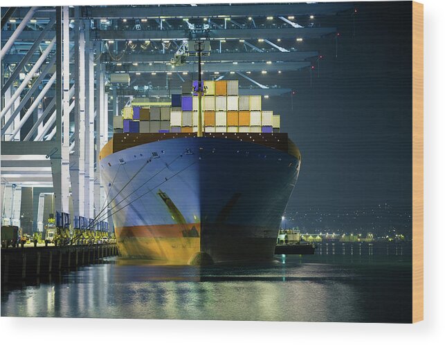Trading Wood Print featuring the photograph Container Ship Being Loaded by Hal Bergman