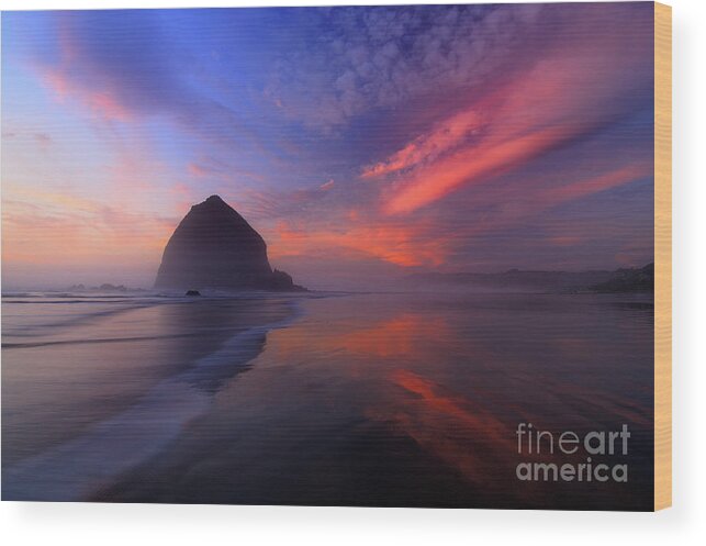 Cannon Beach Wood Print featuring the photograph Sunset Reflections on Beach at Haystack Rock by Tom Schwabel