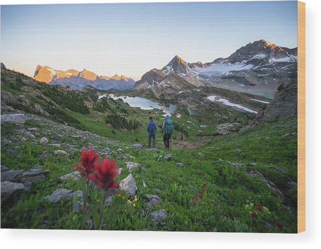 Couple Wood Print featuring the photograph Couple Hiking Together During Sunset In Height Of The Rockies by Cavan Images