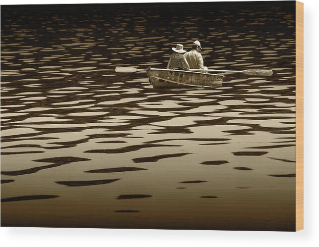 Oarsman Wood Print featuring the photograph Couple rowing on Stoney Lake at Sunrise in Sepia Tone by Randall Nyhof