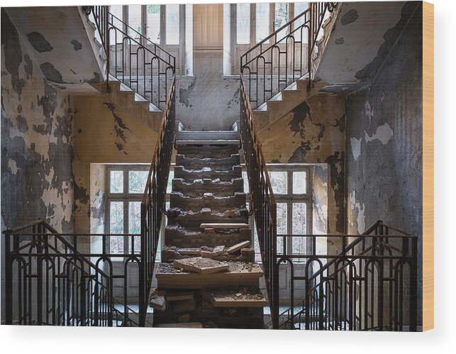 Urban Wood Print featuring the photograph Creepy Abandoned Stairs by Roman Robroek