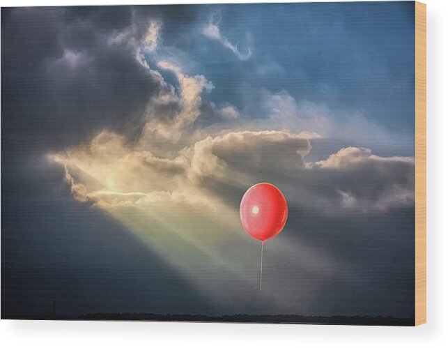 Balloon Wood Print featuring the photograph Crepuscular Red Balloon by John Haldane