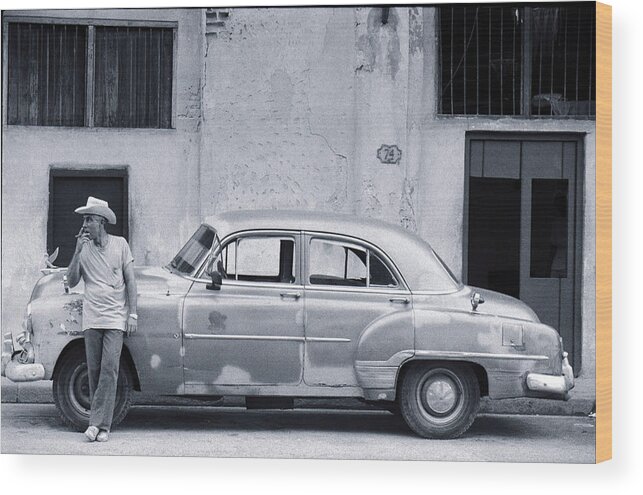 People Wood Print featuring the photograph Cuban Man Leaning Against Car Smoking by Peter Adams