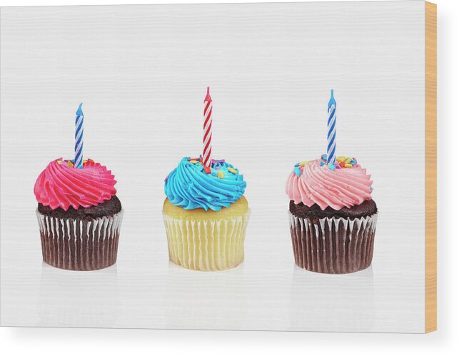 Unhealthy Eating Wood Print featuring the photograph Cupcakes With Candles by Lew Robertson