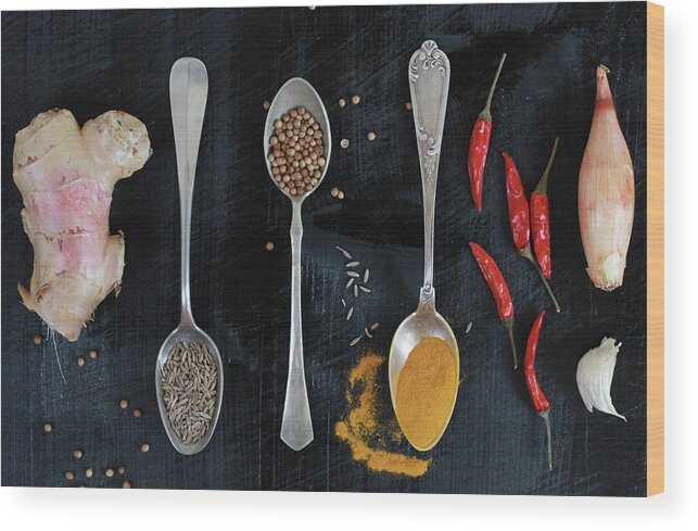 Spoon Wood Print featuring the photograph Curry Spices On Dark Background by Török-bognár Renáta