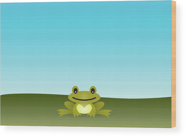 Grass Wood Print featuring the digital art Cute Frog Sitting On The Grass by © Roctopus