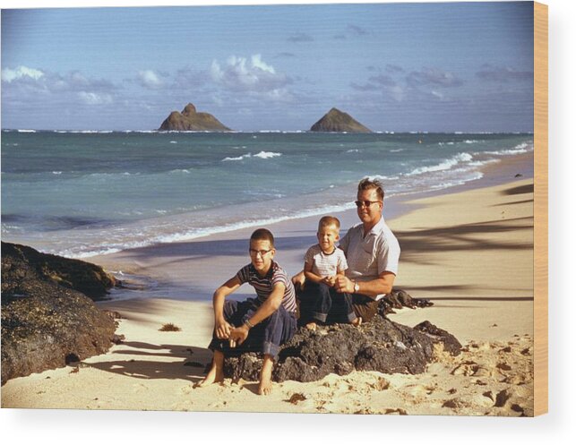 Kid Wood Print featuring the painting Dad and kids kaul beach Red Kodachrome slides from the 1950 by Celestial Images