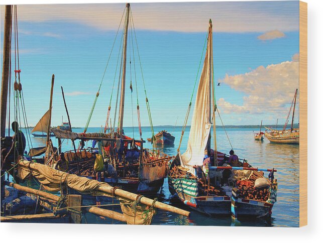 Top Photo Artist Wood Print featuring the photograph Dhow Boats Stone Town Port Zanzibar Tanzania East Africa by Neptune - Amyn Nasser Photographer