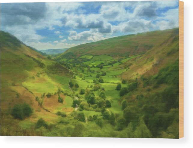 England Wood Print featuring the photograph Digital oil painting of the view down valley from top of Pistyll by Steven Heap