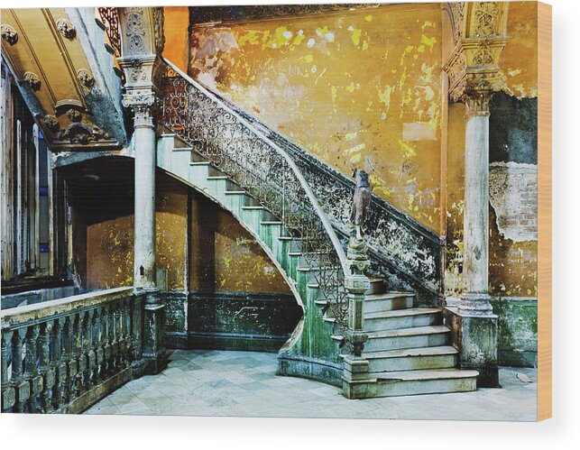 Majestic Wood Print featuring the photograph Dilapidated, Ornate Stairway by Pixelchrome Inc