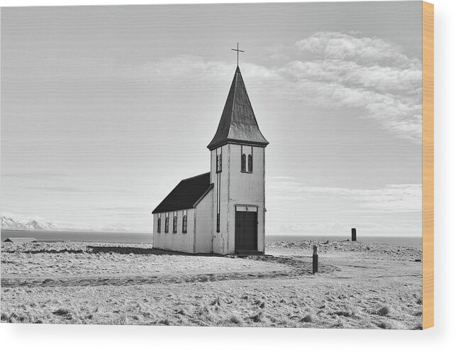 Travelpixpro Wood Print featuring the photograph Distressed Old Church Coastal Iceland Black and White by Shawn O'Brien