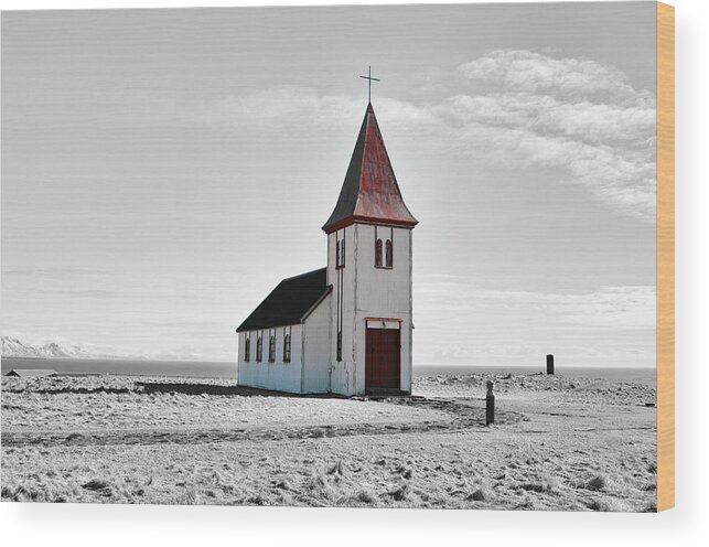 Travelpixpro Wood Print featuring the digital art Distressed Old Church Coastal Iceland Color Splash by Shawn O'Brien