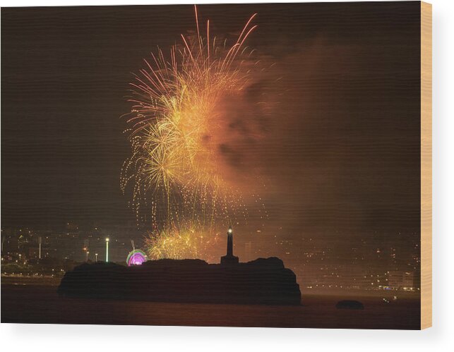 #dog #smoke #fireworks #night #party #lighthouse #sea Wood Print featuring the photograph Dog by Jesus Concepcion Alvarado