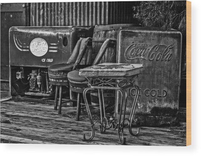 Coca Cola Wood Print featuring the photograph Drink Pepsi Cola and Coca Cola BW by Susan Candelario