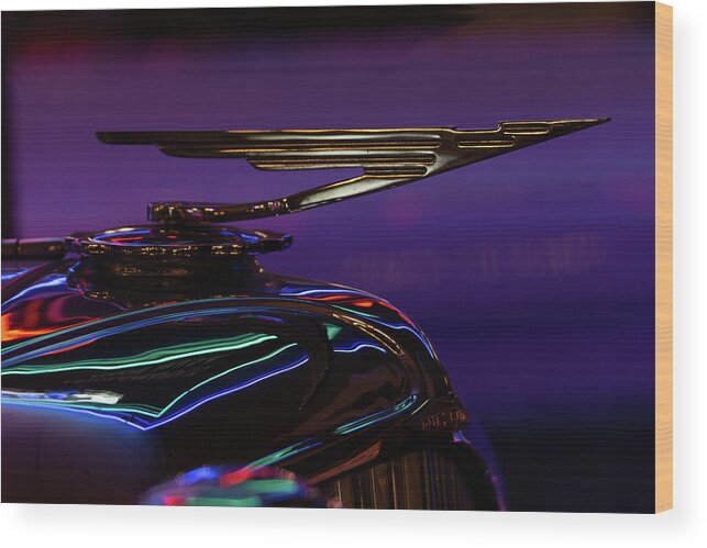 Automobile Wood Print featuring the photograph Duesenberg Hood Ornament Neon Reflections by Lauri Novak