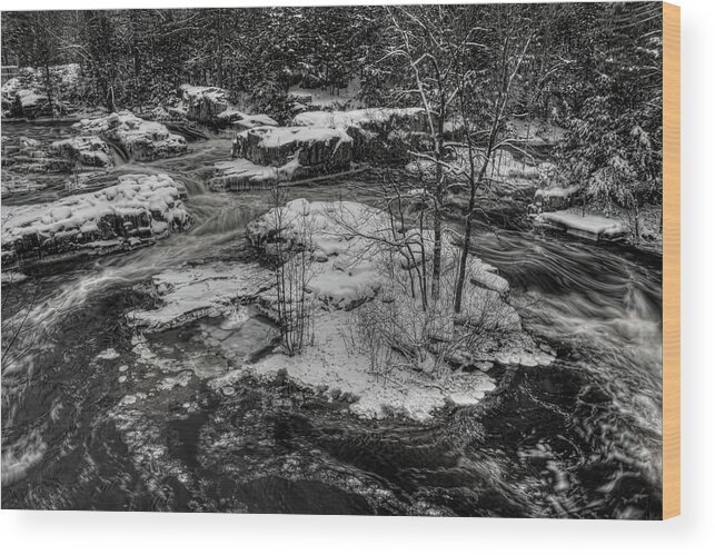 Eau Claire Dells Wood Print featuring the photograph Eau Claire Dells Snow Covered Island BW by Dale Kauzlaric