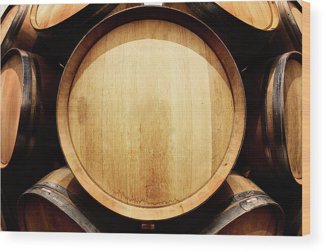 Alcohol Wood Print featuring the photograph End-on View Of Oak Wine Barrel With by Rapideye