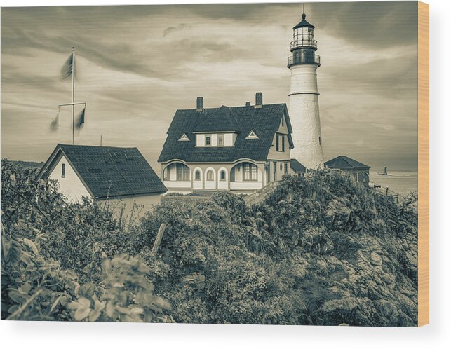 Portland Head Light Wood Print featuring the photograph Evening at Portland Head Light - Maine Sepia by Gregory Ballos